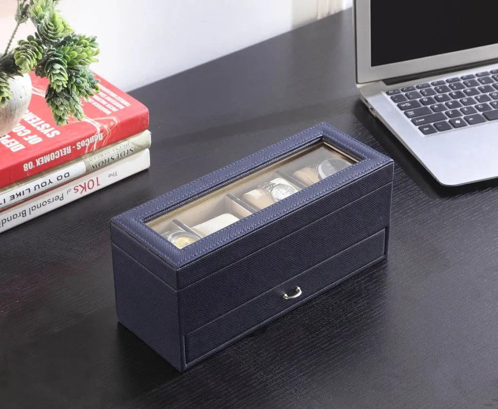 9" Blue And Clear Faux Leather And Glass Four Section Watch Box With Metal Accents Homeroots Organization