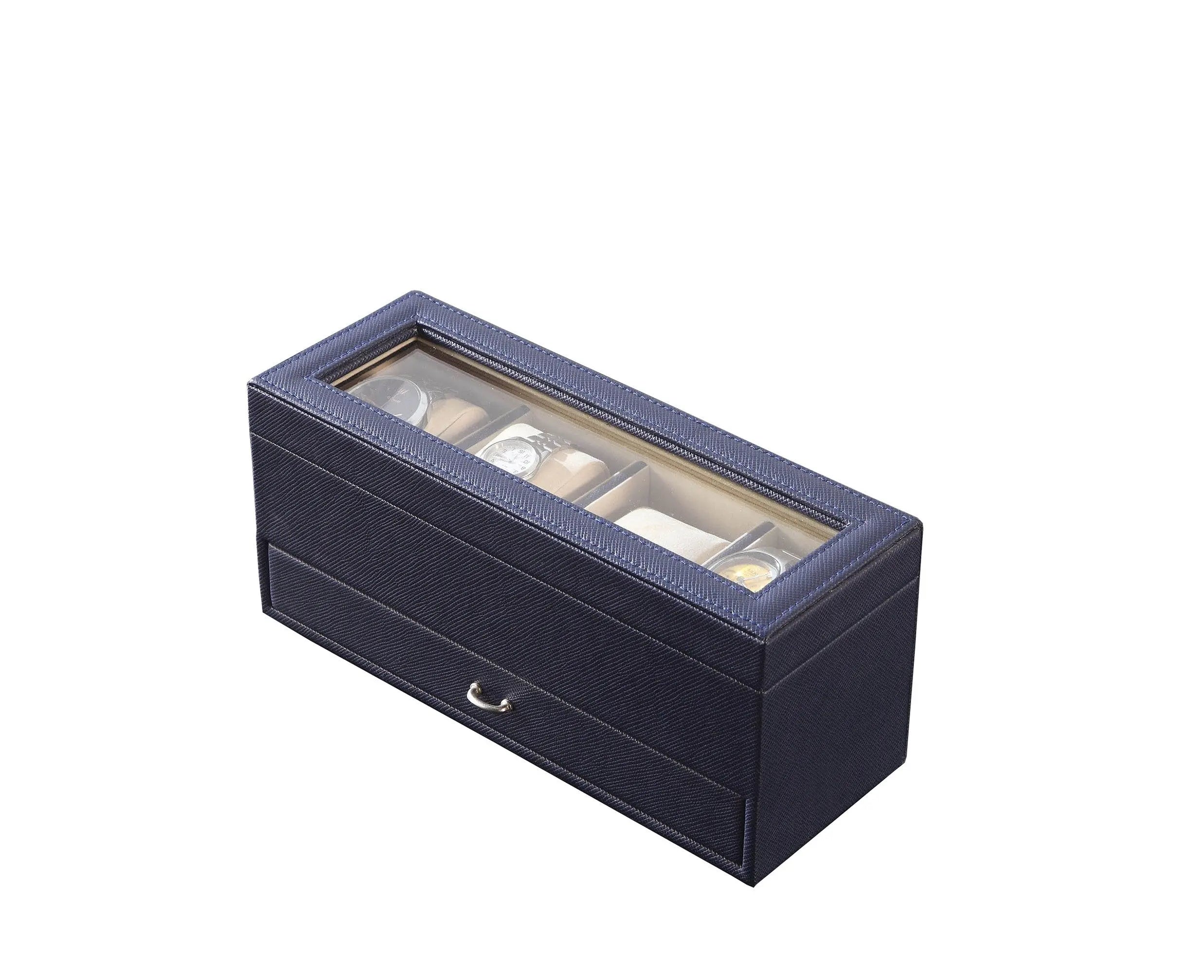 9" Blue And Clear Faux Leather And Glass Four Section Watch Box With Metal Accents Homeroots Organization