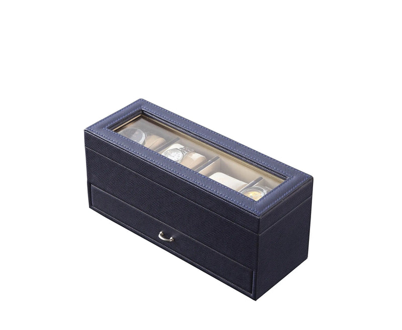 9" Blue And Clear Faux Leather And Glass Four Section Watch Box With Metal Accents Homeroots Organization