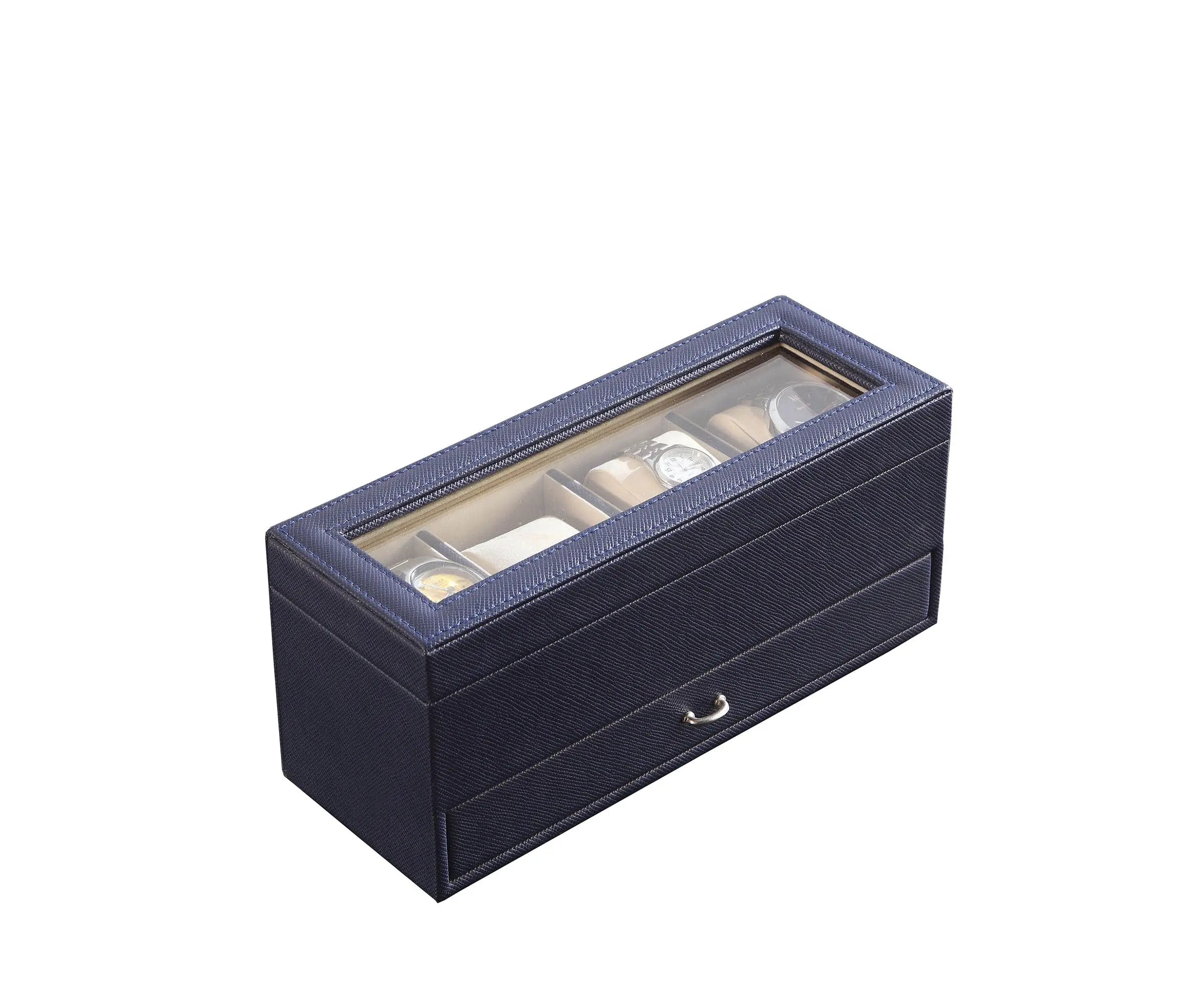 9" Blue And Clear Faux Leather And Glass Four Section Watch Box With Metal Accents Homeroots Organization