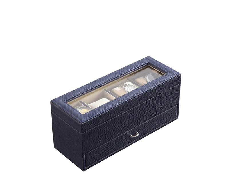 9" Blue And Clear Faux Leather And Glass Four Section Watch Box With Metal Accents Homeroots Organization