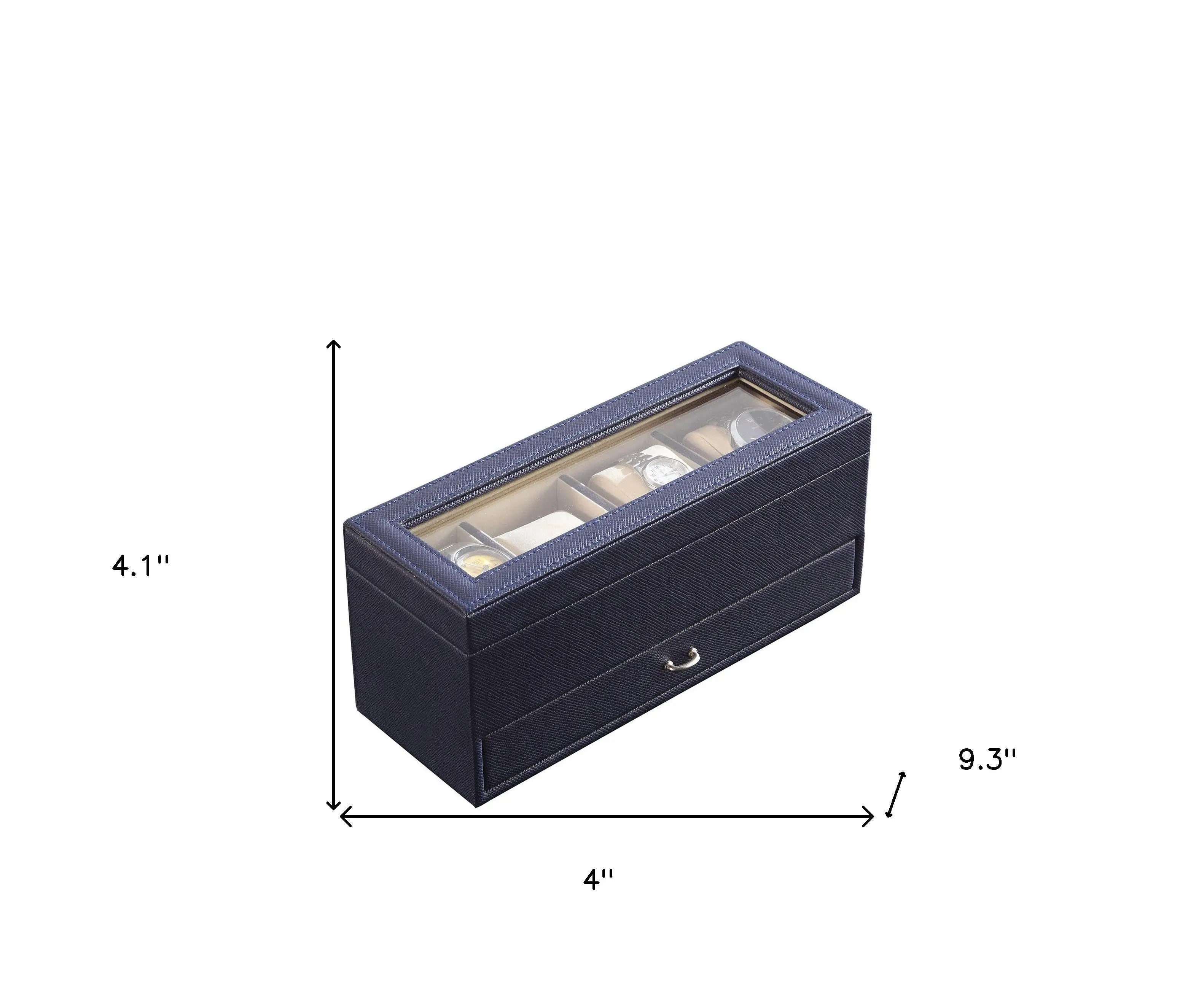 9" Blue And Clear Faux Leather And Glass Four Section Watch Box With Metal Accents Homeroots Organization