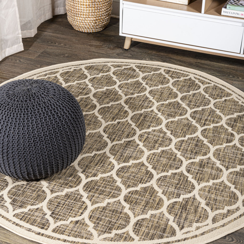 9' Brown And Beige Round Geometric Indoor Outdoor Area Rug - GreatEagleInc