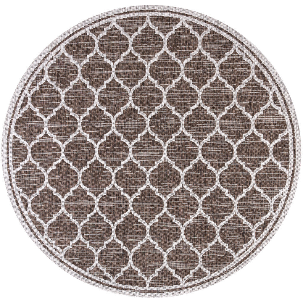 9' Espresso And Taupe Round Geometric Indoor Outdoor Area Rug - GreatEagleInc