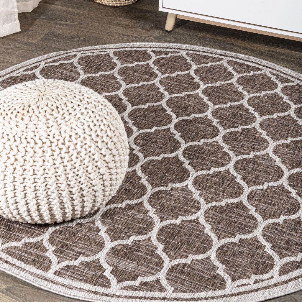 9' Espresso And Taupe Round Geometric Indoor Outdoor Area Rug - GreatEagleInc
