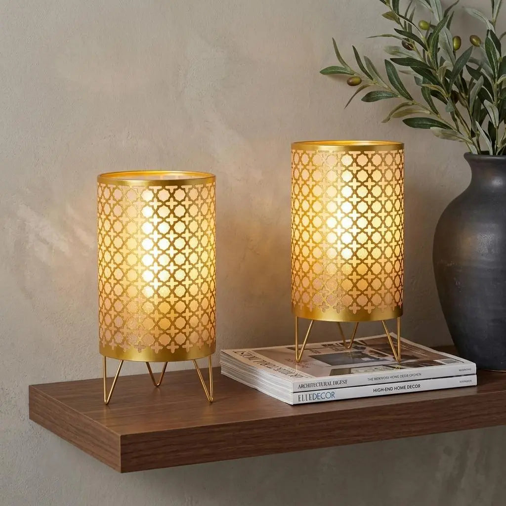 9" Gold Metal Pierced Novelty Desk Lamp With Cylinder Shade Homeroots Lighting