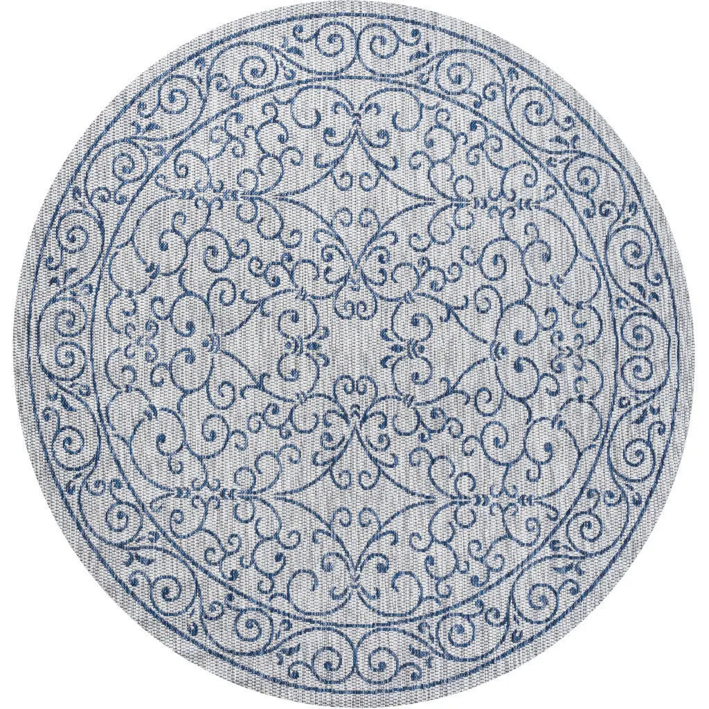 9' Gray And Navy Blue Round Medallion Indoor Outdoor Area Rug Homeroots Outdoor