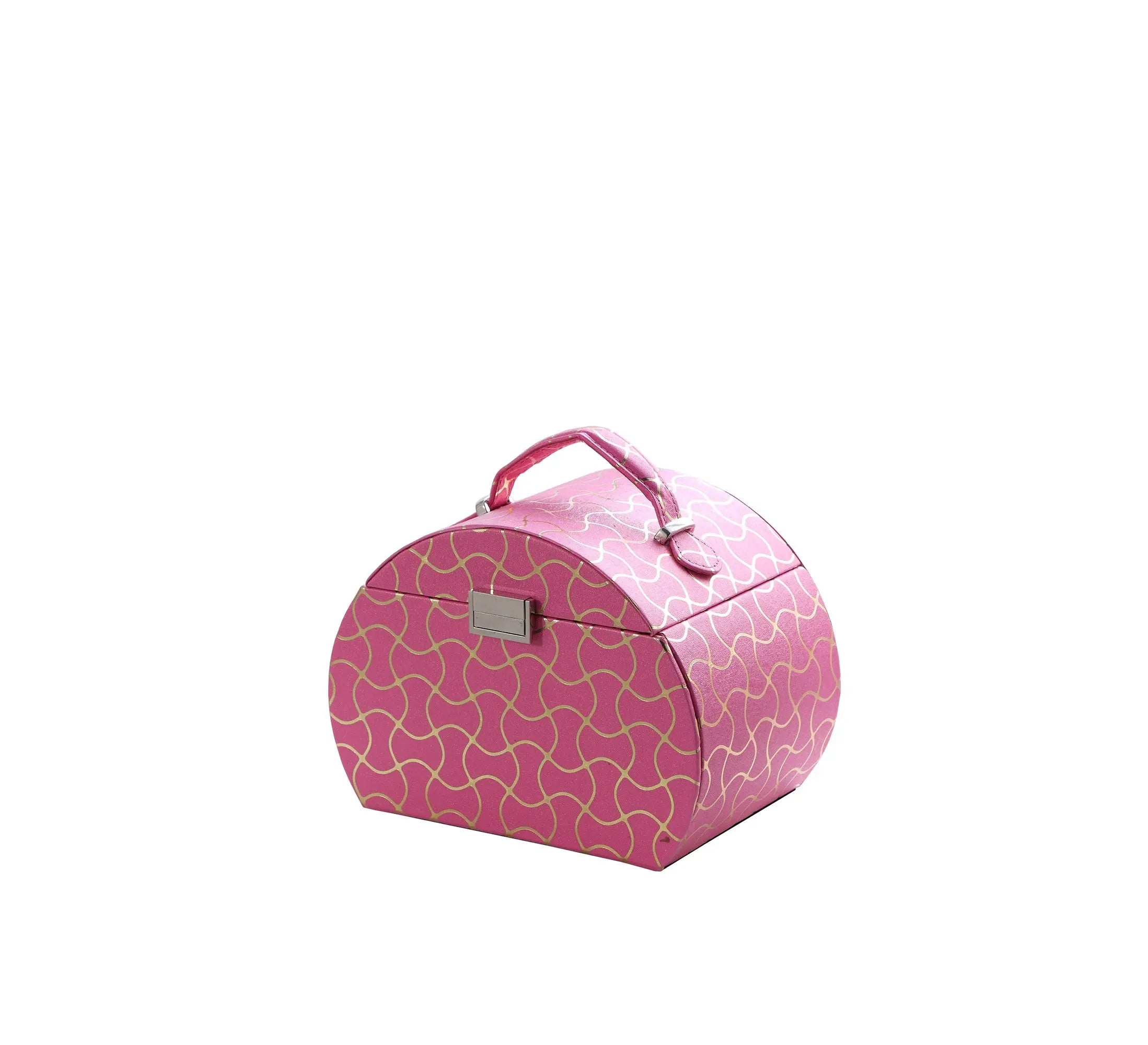 9" Hot Pink And Gold Faux Leather Abstract Scroll Jewelry Box Travel Case With Mirror Homeroots Organization