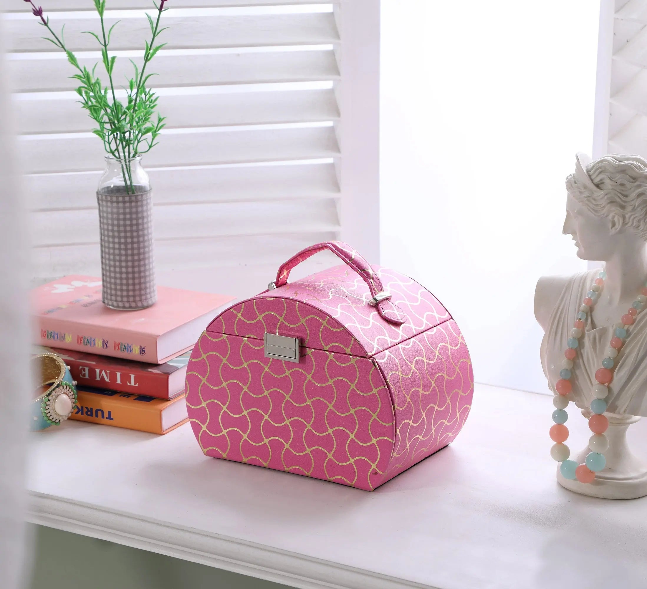 9" Hot Pink And Gold Faux Leather Abstract Scroll Jewelry Box Travel Case With Mirror Homeroots Organization