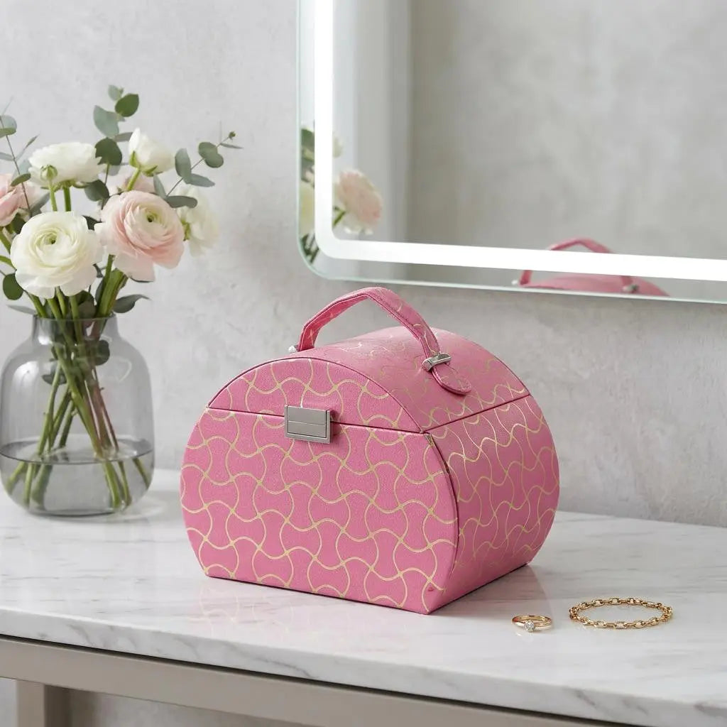 9" Hot Pink And Gold Faux Leather Abstract Scroll Jewelry Box Travel Case With Mirror Homeroots Organization