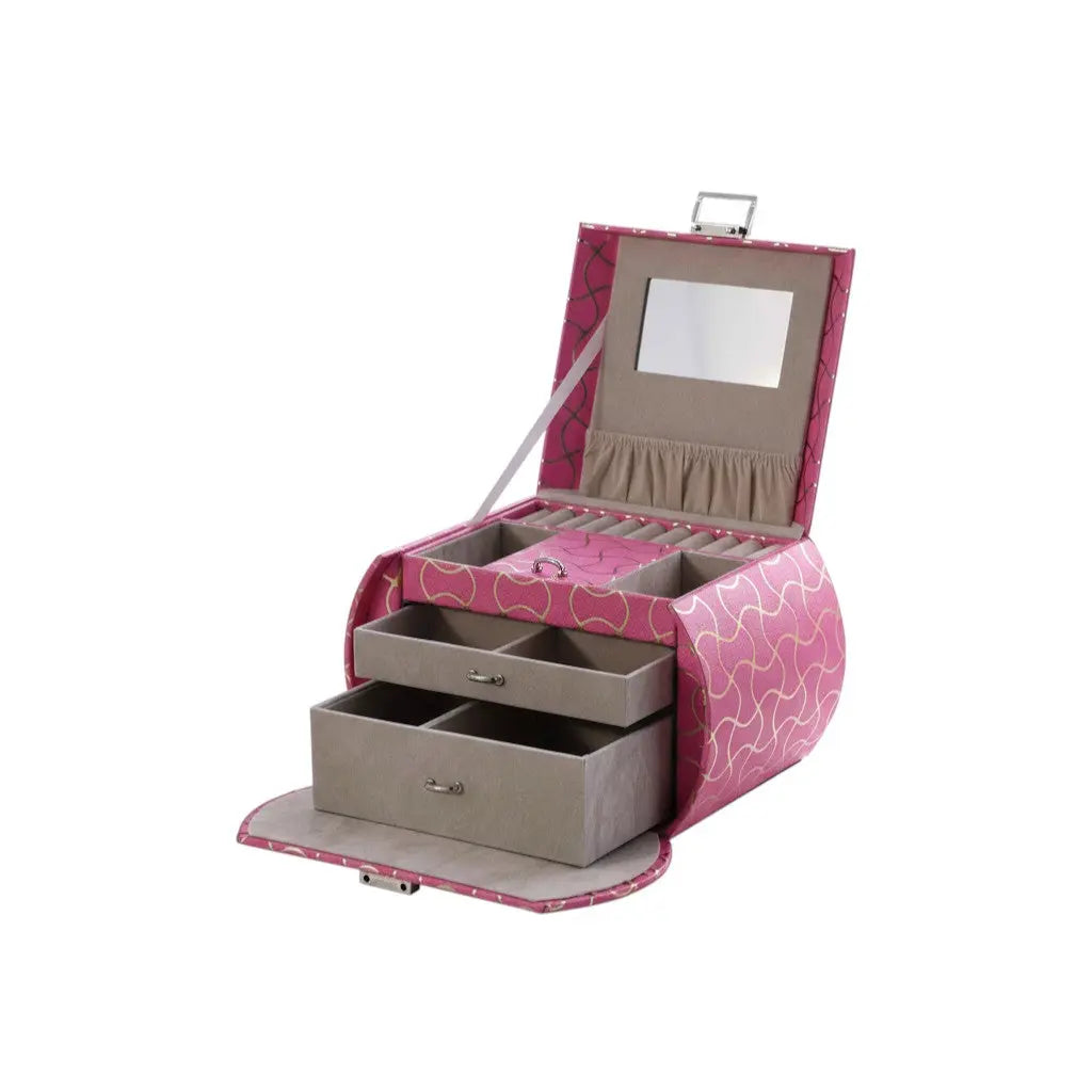 9" Hot Pink And Gold Faux Leather Abstract Scroll Jewelry Box Travel Case With Mirror Homeroots Organization