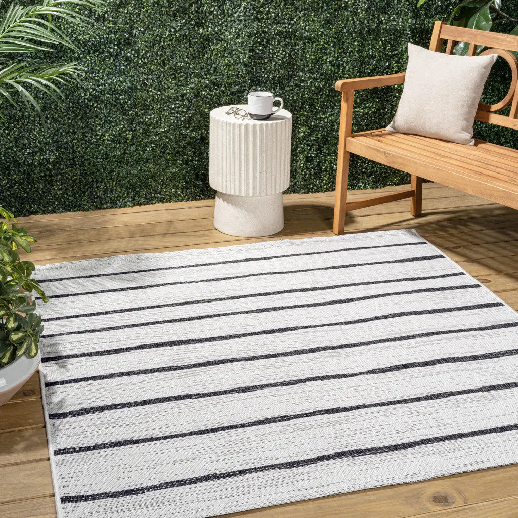 9' Ivory And Black Square Striped Indoor Outdoor Area Rug Homeroots Outdoor