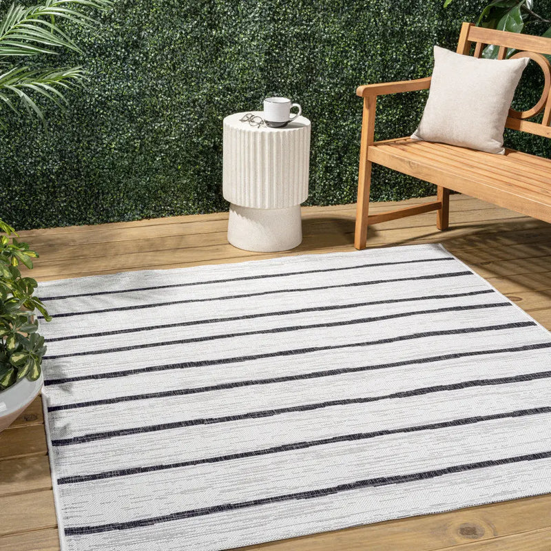 9' Ivory And Black Square Striped Indoor Outdoor Area Rug Homeroots Outdoor