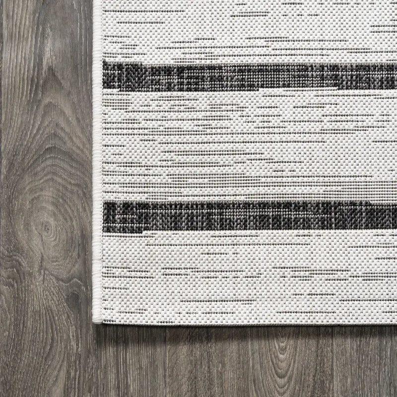 9' Ivory And Black Square Striped Indoor Outdoor Area Rug Homeroots Outdoor