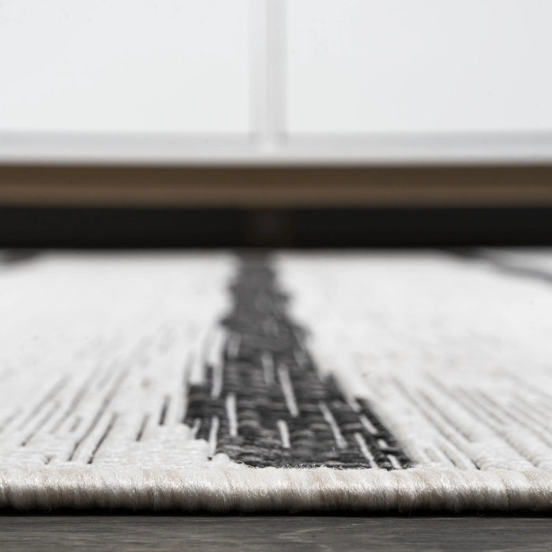 9' Ivory And Black Square Striped Indoor Outdoor Area Rug Homeroots Outdoor