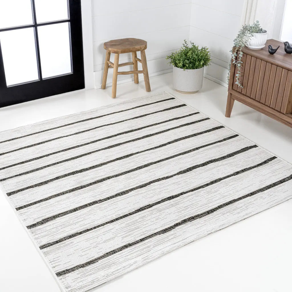 9' Ivory And Black Square Striped Indoor Outdoor Area Rug Homeroots Outdoor