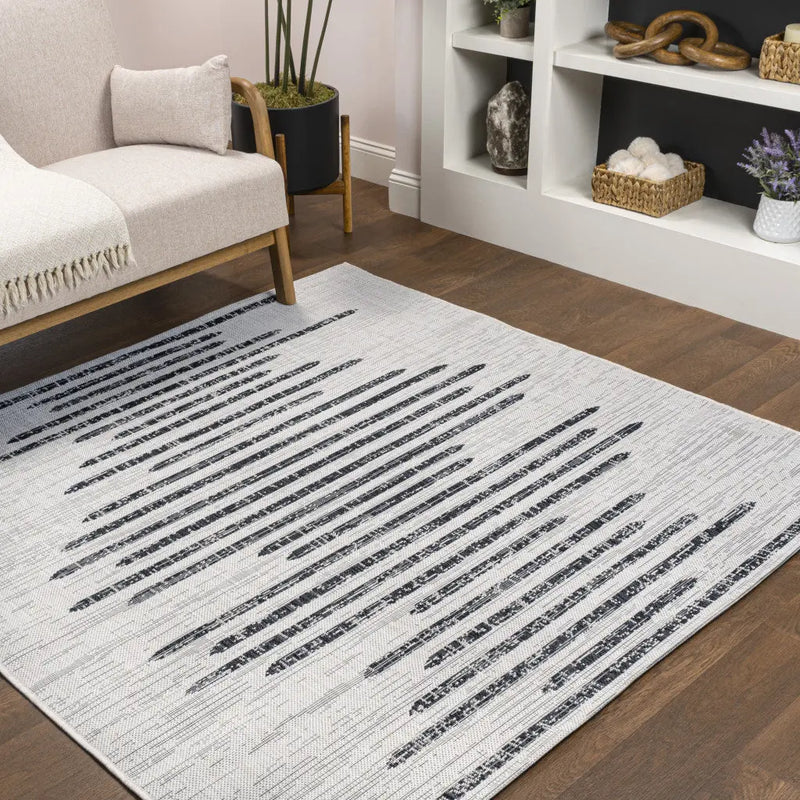 9' Ivory And Black Square Striped Indoor Outdoor Area Rug - GreatEagleInc