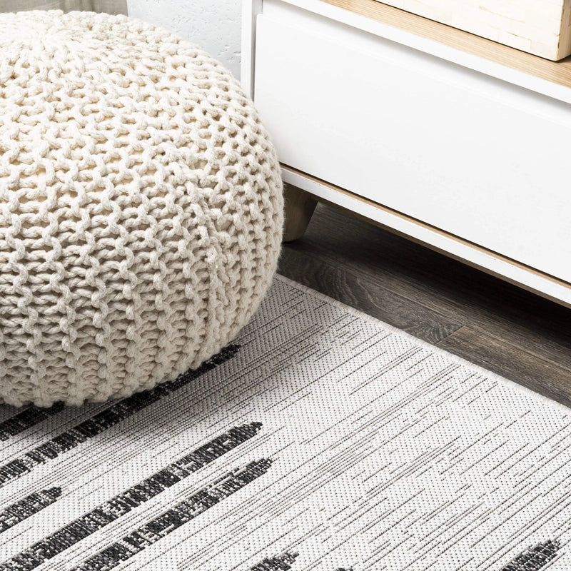 9' Ivory And Black Square Striped Indoor Outdoor Area Rug - GreatEagleInc