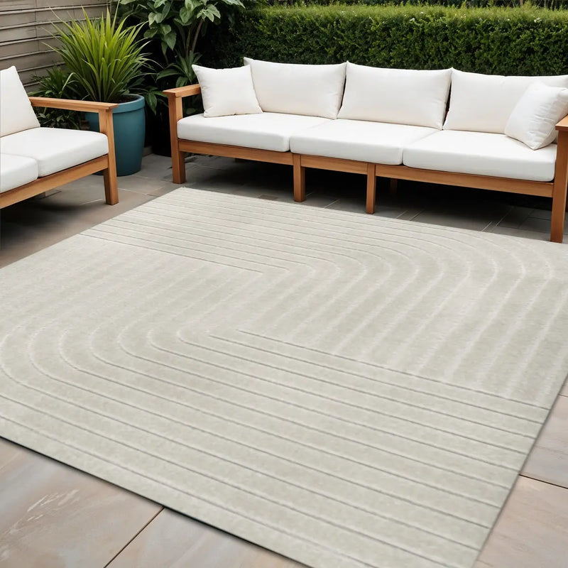 9' Ivory And Cream Square Striped Indoor Outdoor Area Rug Homeroots Outdoor