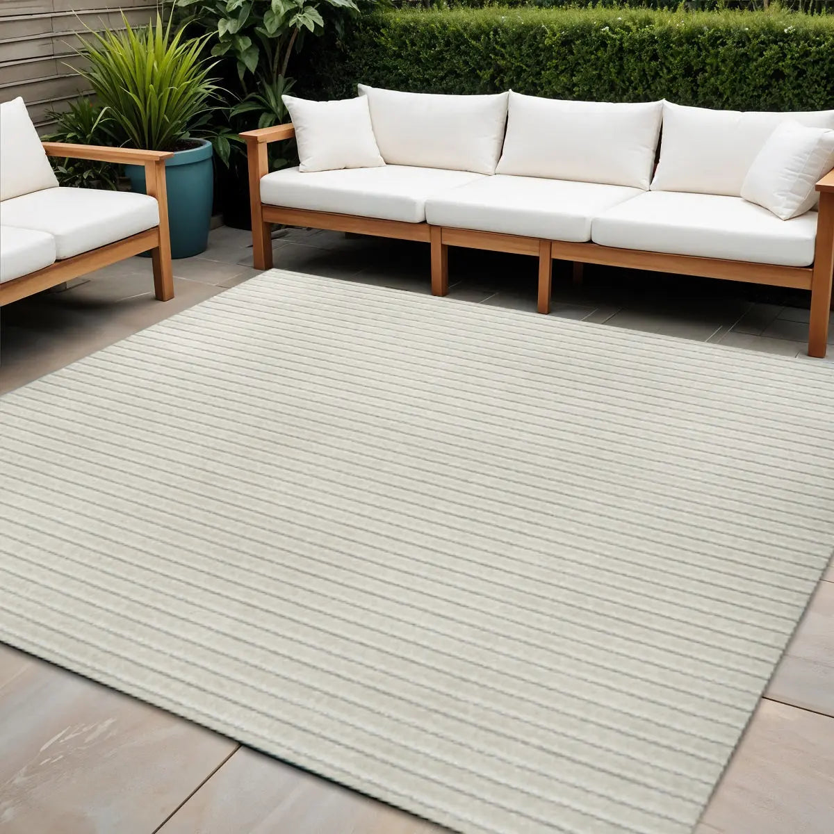 9' Ivory And Cream Square Striped Indoor Outdoor Area Rug Homeroots Outdoor