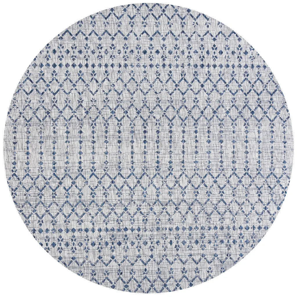 9' Light Gray And Navy Blue Round Trellis Indoor Outdoor Area Rug Homeroots Outdoor