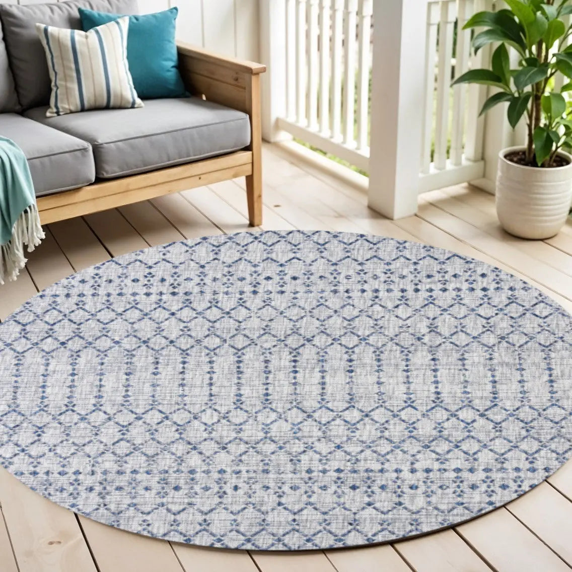 9' Light Gray And Navy Blue Round Trellis Indoor Outdoor Area Rug Homeroots Outdoor