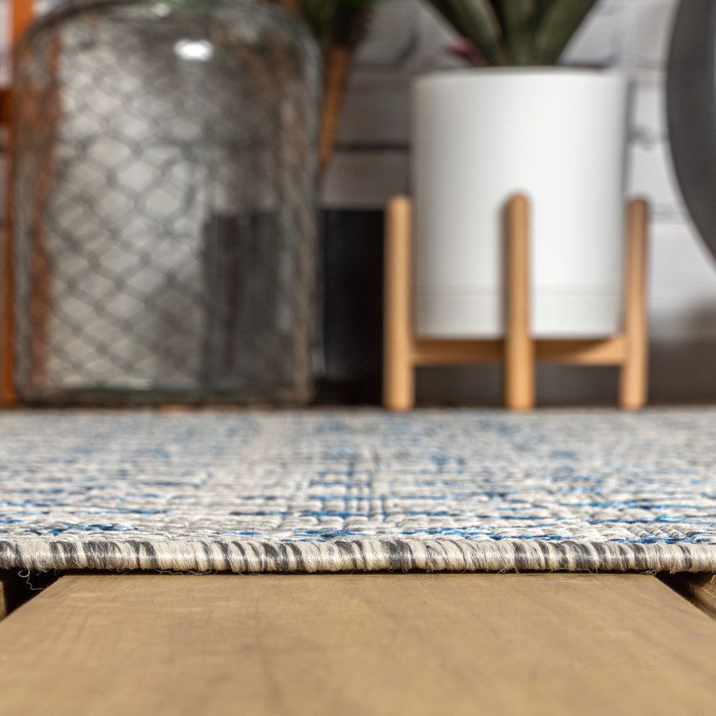 9' Light Gray And Navy Blue Square Trellis Indoor Outdoor Area Rug - GreatEagleInc