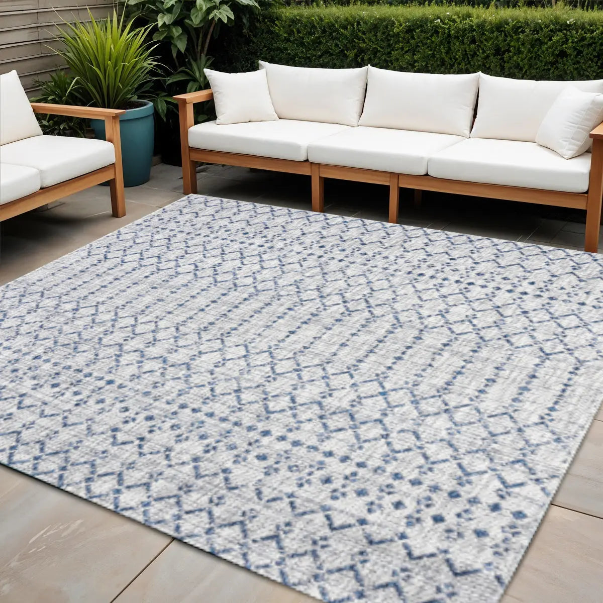 9' Light Gray And Navy Blue Square Trellis Indoor Outdoor Area Rug Homeroots Outdoor