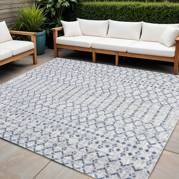 9' Light Gray And Navy Blue Square Trellis Indoor Outdoor Area Rug Homeroots Outdoor