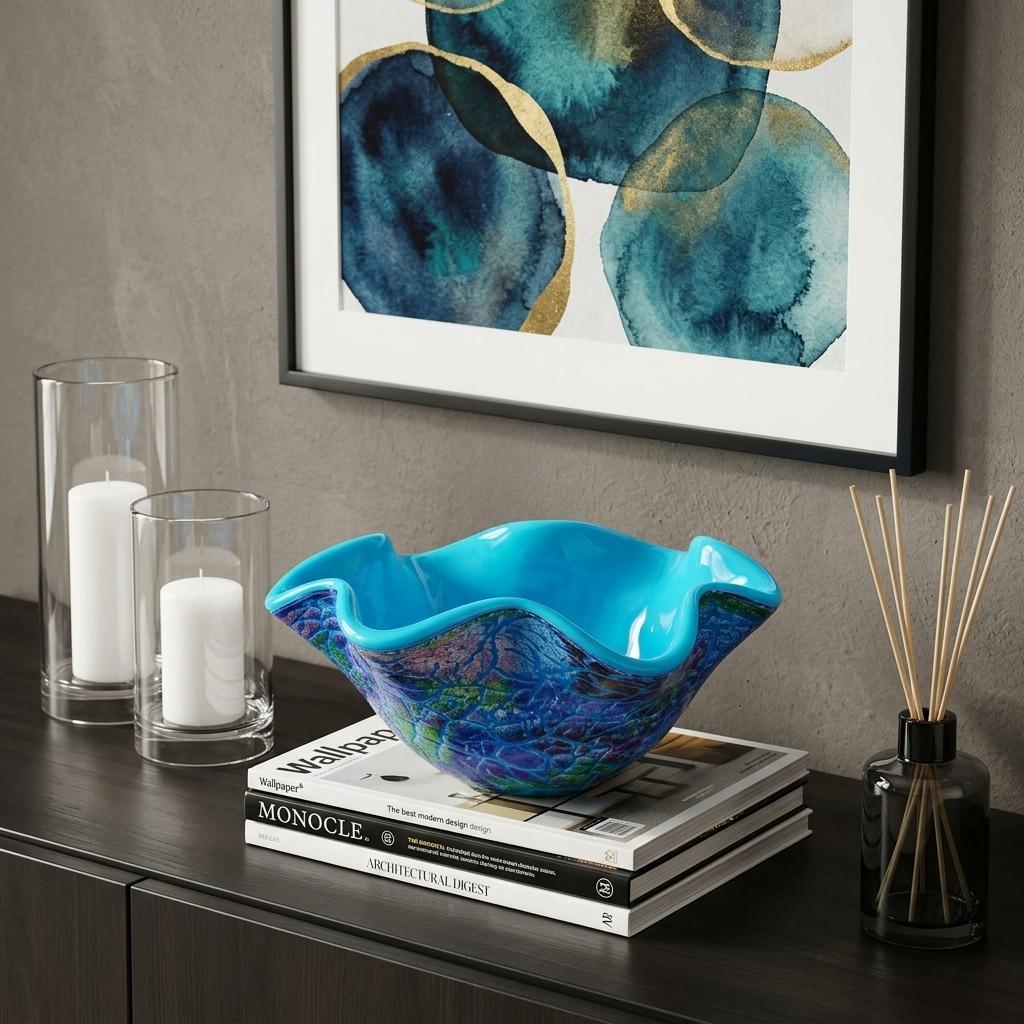 9" Modern Blue And Green Glass Centerpiece Bowl Homeroots Kitchen & Dining