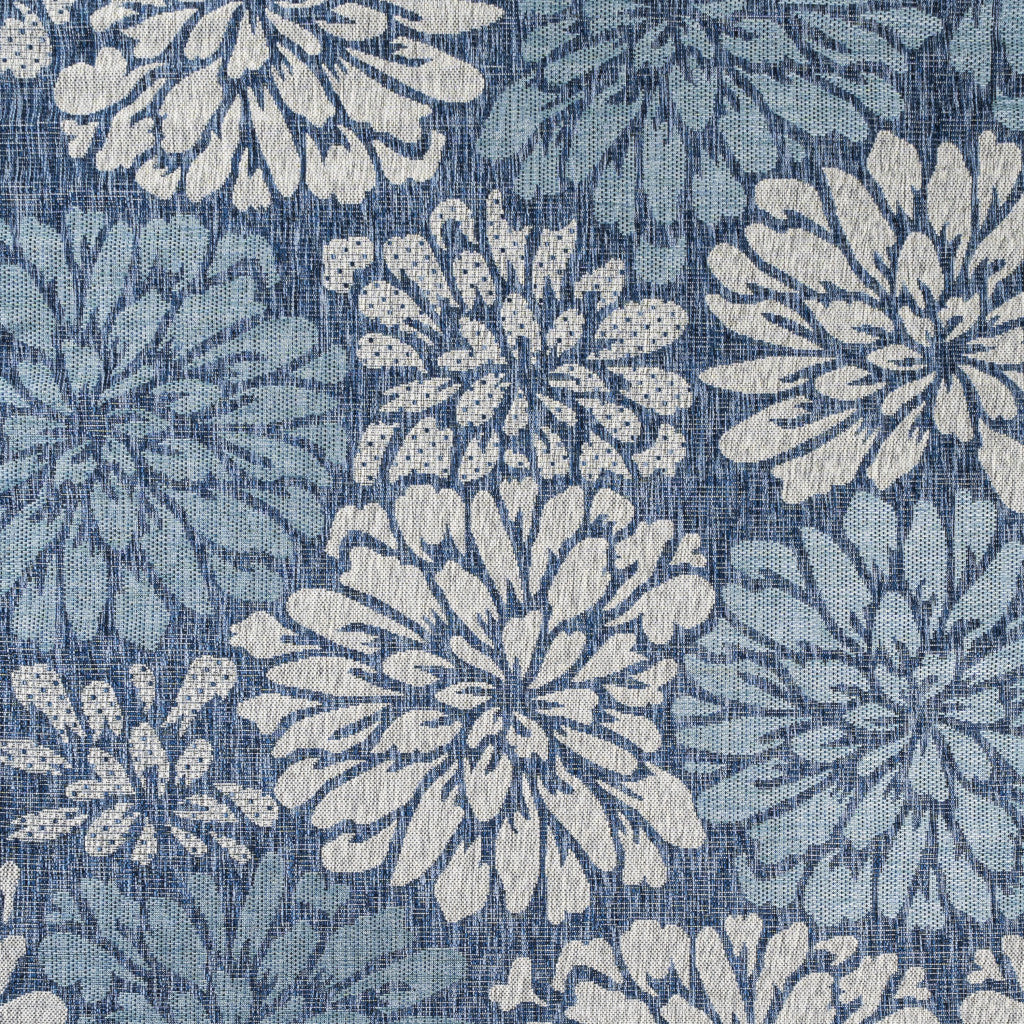 9' Navy Blue And Aqua Square Floral Indoor Outdoor Area Rug - GreatEagleInc
