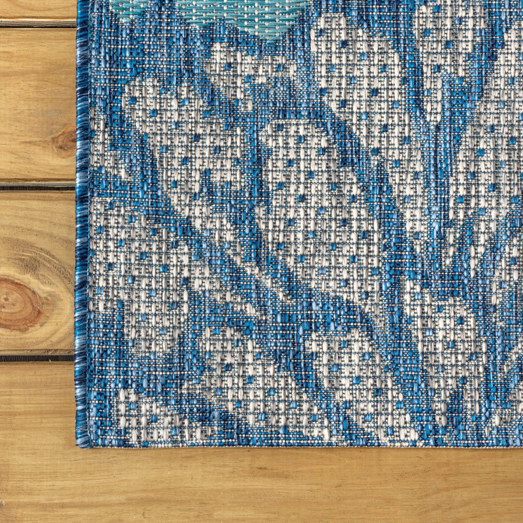 9' Navy Blue And Aqua Square Floral Indoor Outdoor Area Rug - GreatEagleInc