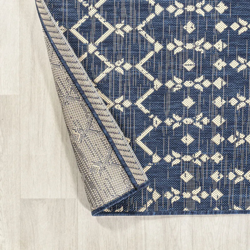9' Navy Blue And Beige Round Trellis Indoor Outdoor Area Rug Homeroots Outdoor