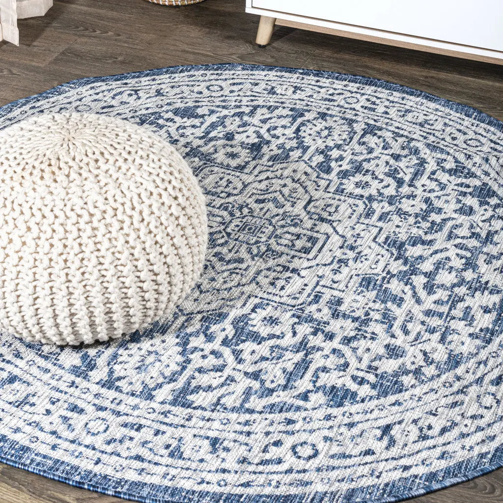 9' Navy Blue And Gray Round Medallion Indoor Outdoor Area Rug Homeroots Outdoor