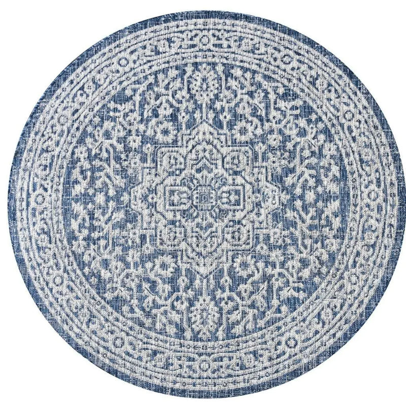 9' Navy Blue And Gray Round Medallion Indoor Outdoor Area Rug Homeroots Outdoor