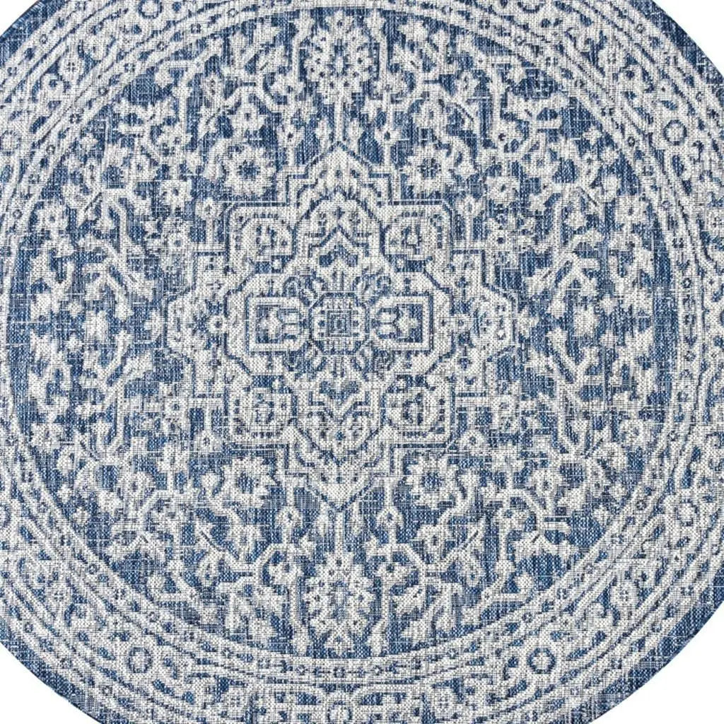 9' Navy Blue And Gray Round Medallion Indoor Outdoor Area Rug Homeroots Outdoor