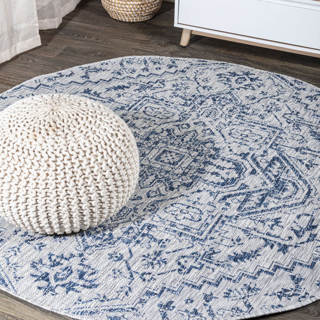 9' Navy Blue And Gray Round Medallion Indoor Outdoor Area Rug - GreatEagleInc