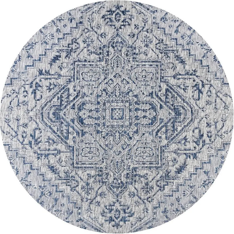 9' Navy Blue And Gray Round Medallion Indoor Outdoor Area Rug - GreatEagleInc