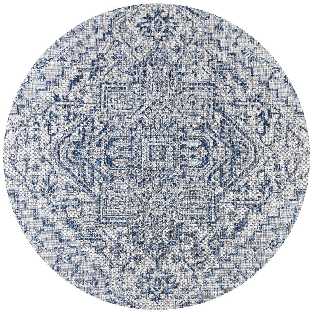 9' Navy Blue And Gray Round Medallion Indoor Outdoor Area Rug - GreatEagleInc