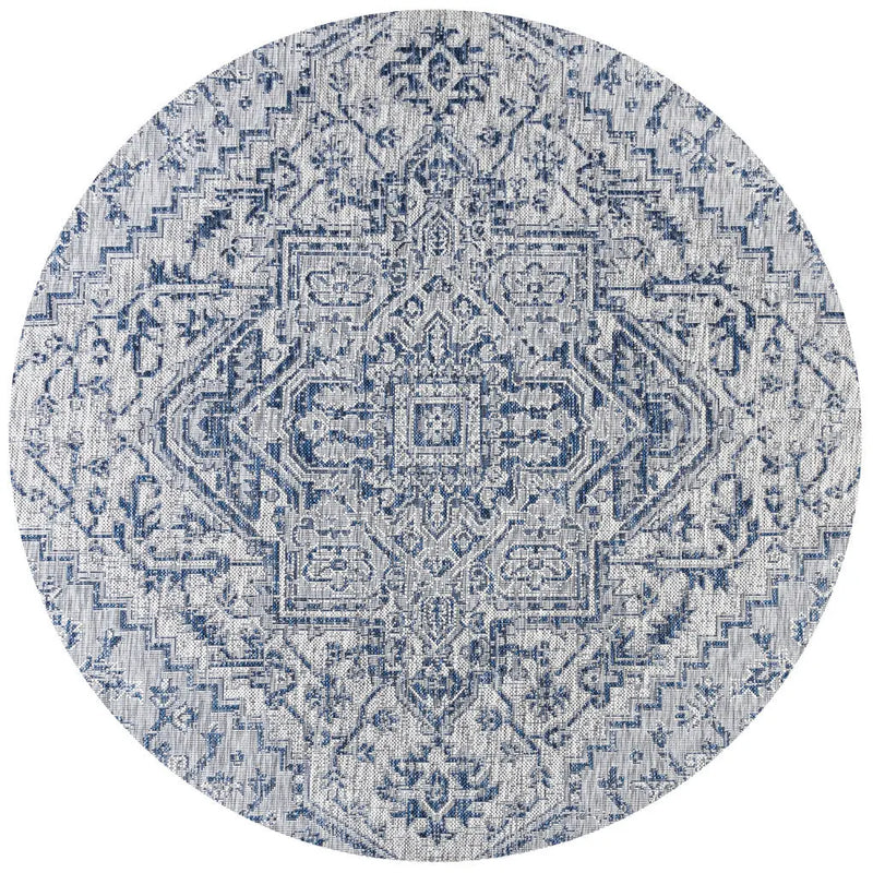 9' Navy Blue And Gray Round Medallion Indoor Outdoor Area Rug - GreatEagleInc