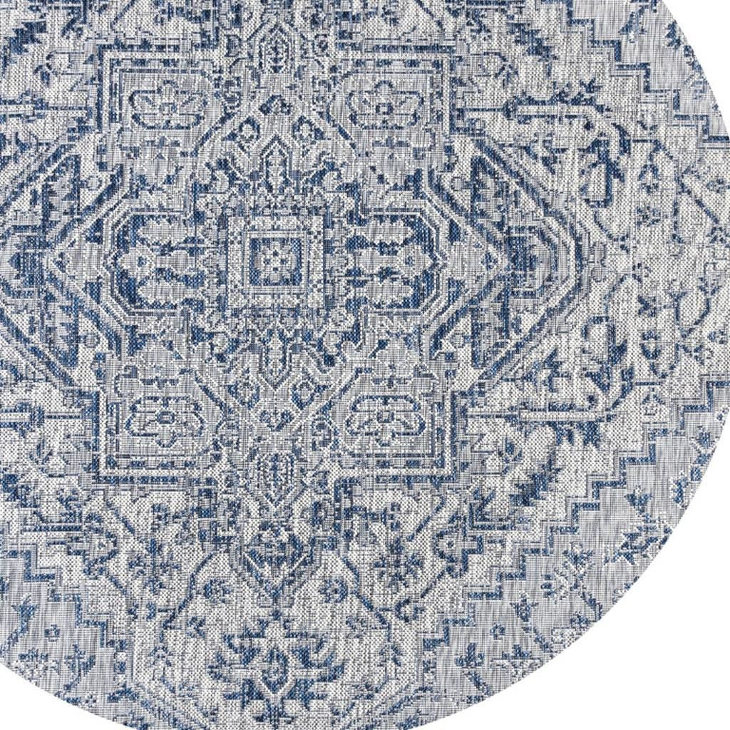9' Navy Blue And Gray Round Medallion Indoor Outdoor Area Rug - GreatEagleInc