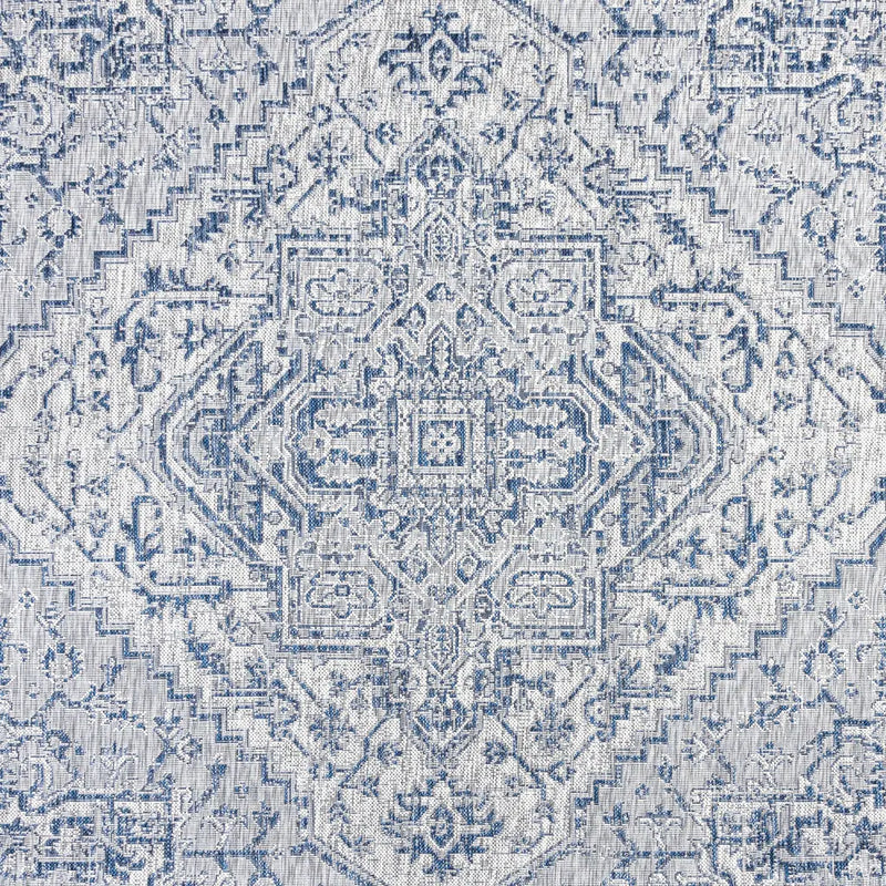9' Navy Blue And Gray Square Medallion Indoor Outdoor Area Rug - GreatEagleInc