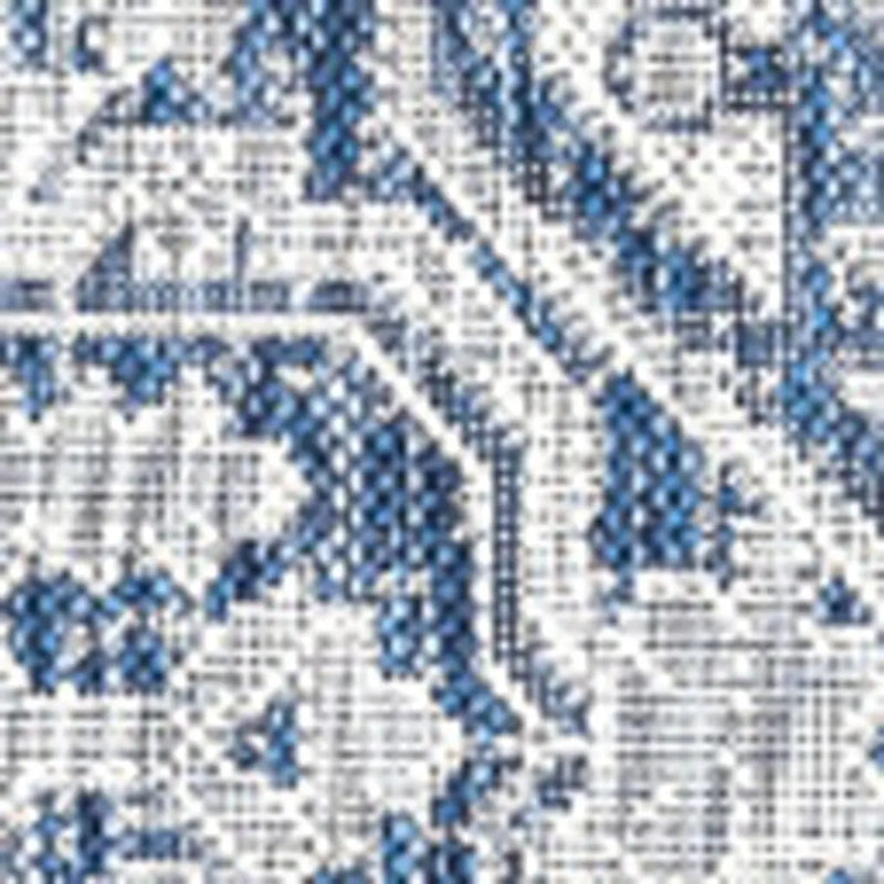 9' Navy Blue And Gray Square Medallion Indoor Outdoor Area Rug - GreatEagleInc