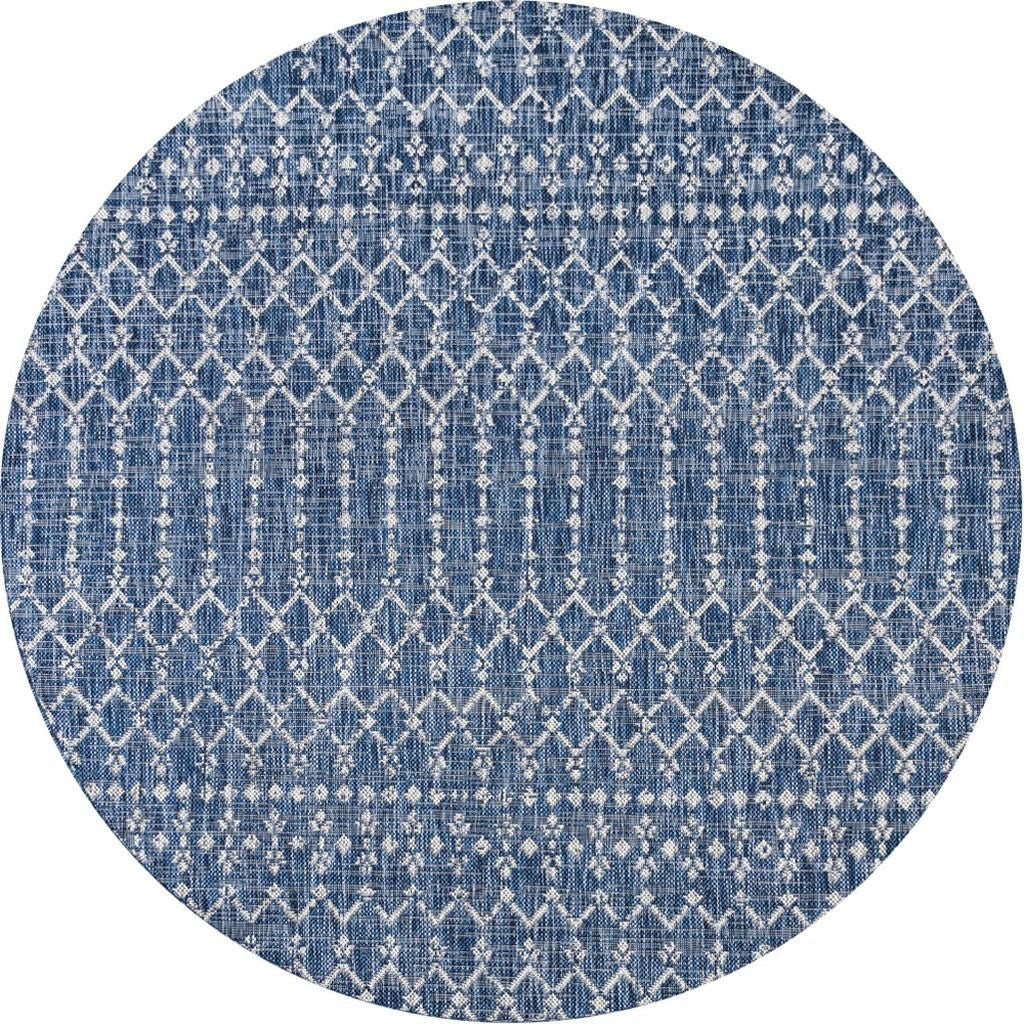 9' Navy Blue And Light Gray Round Trellis Indoor Outdoor Area Rug - GreatEagleInc