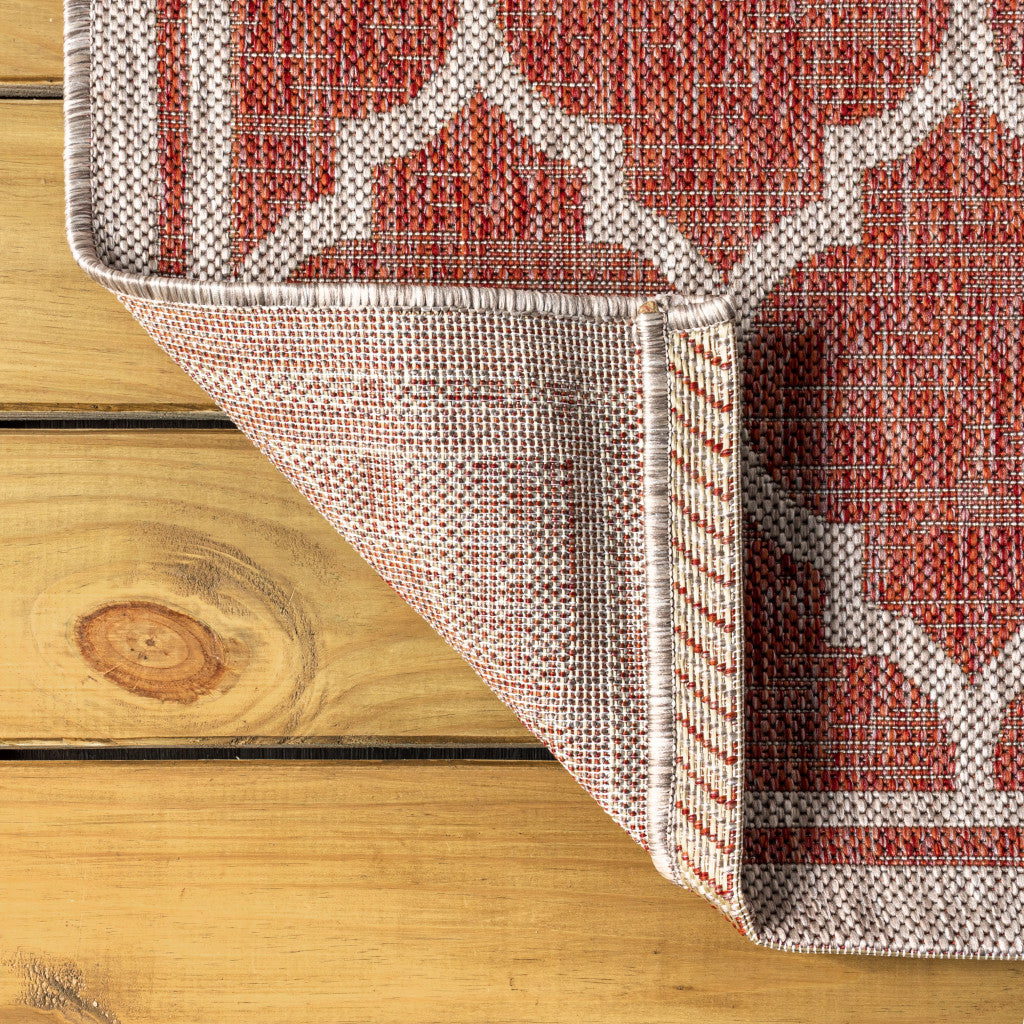 9' Red And Beige Round Geometric Indoor Outdoor Area Rug - GreatEagleInc
