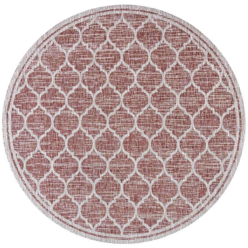 9' Red And Beige Round Geometric Indoor Outdoor Area Rug - GreatEagleInc