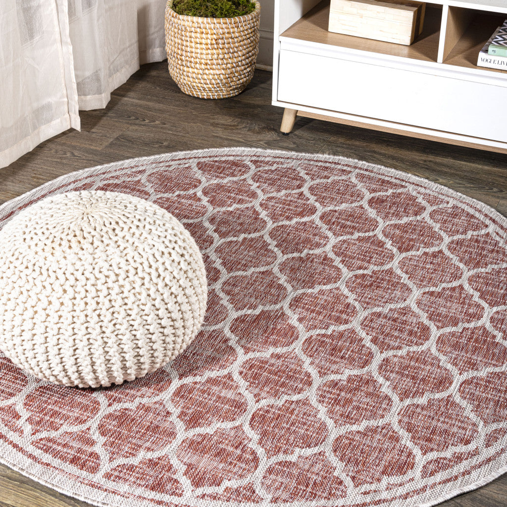 9' Red And Beige Round Geometric Indoor Outdoor Area Rug - GreatEagleInc
