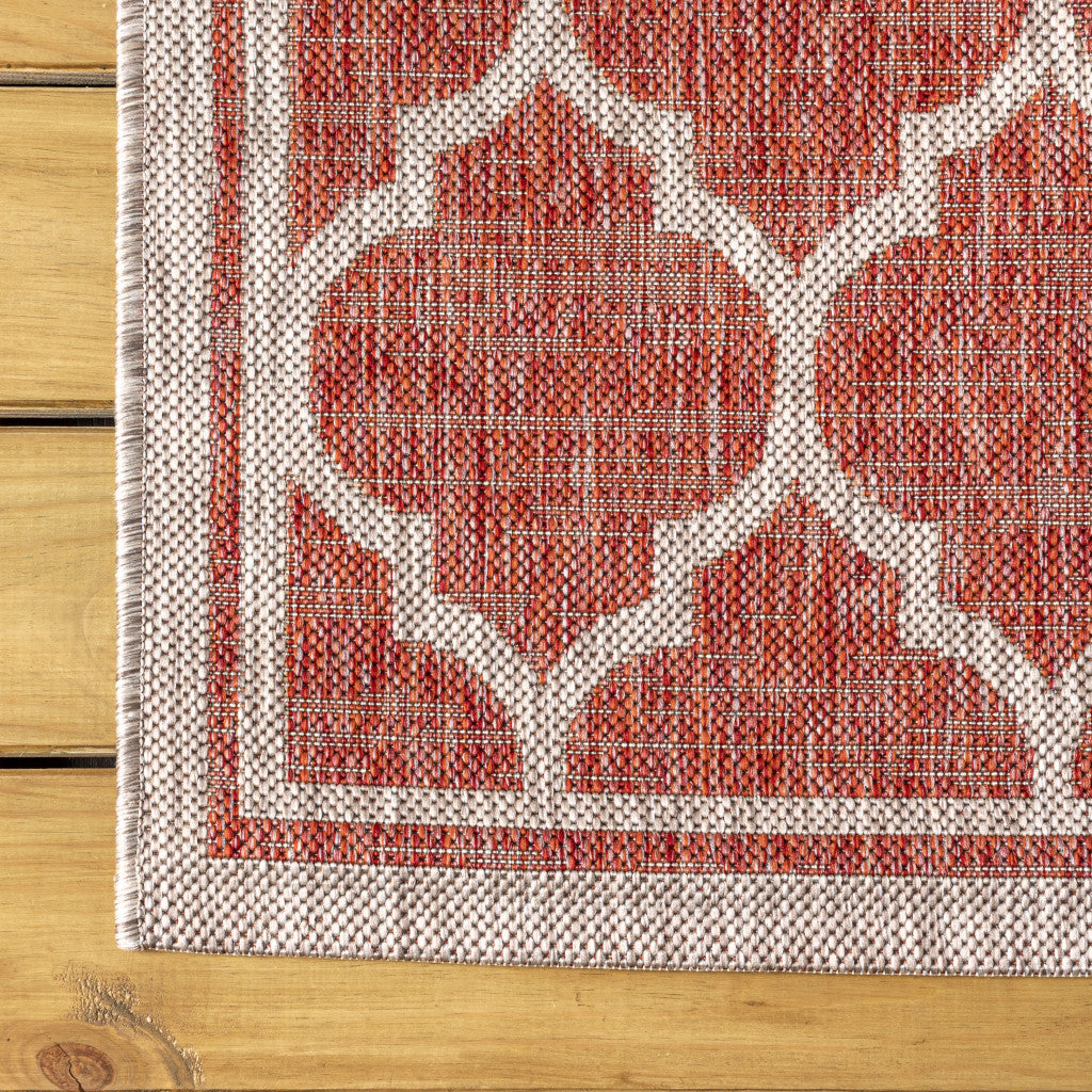 9' Red And Beige Round Geometric Indoor Outdoor Area Rug - GreatEagleInc