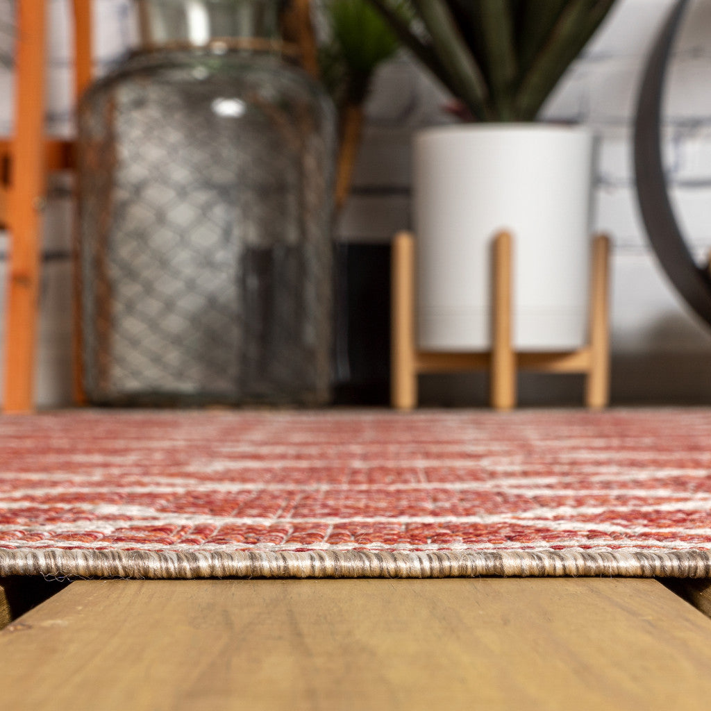 9' Red And Beige Round Geometric Indoor Outdoor Area Rug - GreatEagleInc