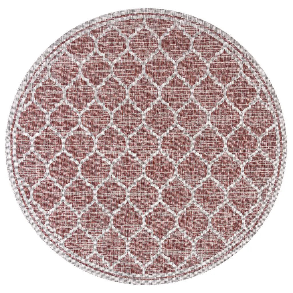 9' Red And Beige Round Geometric Indoor Outdoor Area Rug - GreatEagleInc